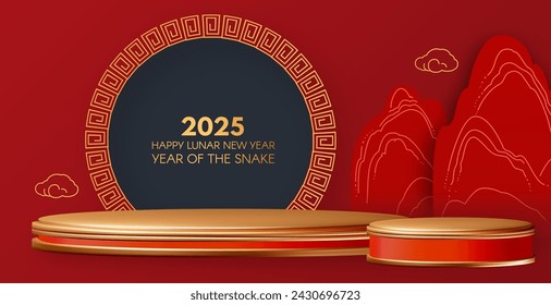 3D round showcase with red and gold chinese mountains. Circle podium with asian design elements. Lunar new year offer.