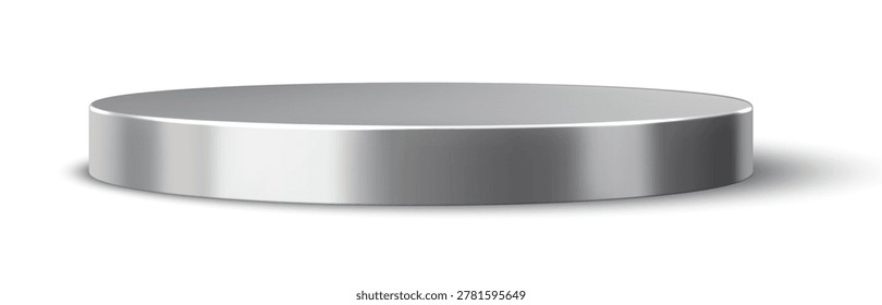 3D round silver podium stage, metal pedestal for vip product presentation and display. Realistic circular platform with smooth metallic surface and polished texture for luxury promotion or celebration