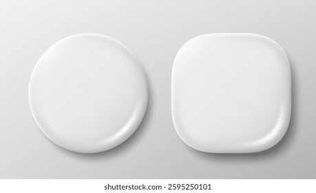 3D Round And Square White Metal Or Plastic Blank Button Badge Set. EPS10 Vector