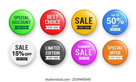 3D Round Sticker Badge for Special Sale, Offers, and Discounts. Promotional Marketing Badge and Symbols for Sales and Clearance Events. Vector Illustration