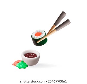 3D-Sushi-Rundrollen mit Forelle oder Lachs, Sojasauce, Wasabi, eingelegtem Ingwer. Vector machen traditionelle asiatische Gericht mit rotem Fisch, Reis und Nori. Realistisch appetitanregender Snack mit Essstäbchen, chinesischem Essen