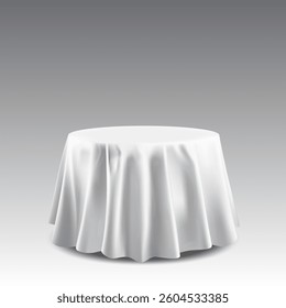 3D Round Table Podium Covered White Fabric Tablecloth Isolated On White Background. EPS10 Vector