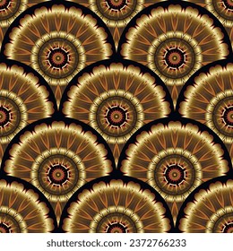 3D runde gekachelte Mandalas Deco nahtloses Muster. Grauer Hintergrund. Zierwiedergabe, Vektorhintergrund. Luxuriöses Oberflächengold und rote Blumen zieren. Abstraktes modernes Design.  Griechische Schlüsselmigranten.