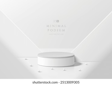 3D round white podium background with balls bead, Triangle backdrop. Abstract geometric composition in minimalist design. Studio display showroom product pedestal, Fashion stage showcase mockup scene.