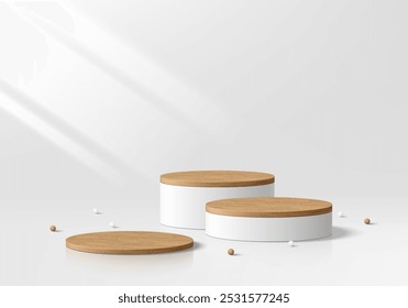 3D round white podium background with wooden topper. Abstract geometric composition in minimalist design. 3d Studio display showroom stands product pedestal, Fashion stage showcase mockup wall scene.