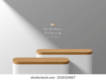 Fondo de podio blanco redondo 3D con adorno de madera. Composición geométrica Abstractas en diseño minimalista. 3d Studio showroom stands producto pedestal, escena de pared de maqueta de escaparate de moda.