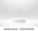 3D round white podium with neon lighting curve lines background. Abstract geometric composition minimalist design. Studio display showroom stand product pedestal, Fashion stage showcase mockup scene.