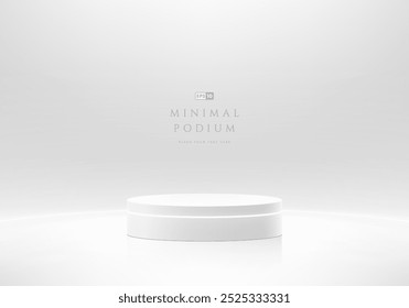 3D round white podium with neon lighting curve lines background. Abstract geometric composition minimalist design. Studio display showroom stand product pedestal, Fashion stage showcase mockup scene.