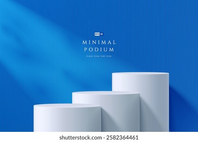 3D round white podium on blue background with light n shadow. Abstract geometric composition in minimalist design. Studio display showroom stands product pedestal, Fashion stage showcase mockup scene.