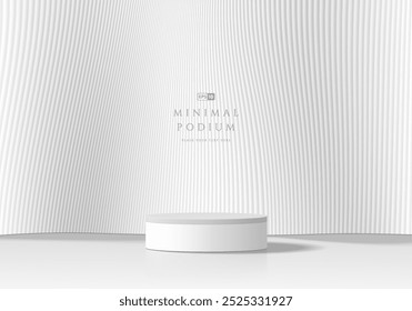 3D round white podium with white vertical wavy wall background. Abstract geometric composition in minimalist design. Studio display showroom stand product pedestal, Fashion stage showcase mockup scene