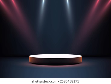 3d round white stage podium illuminated by spotlights, award ceremonies, product displays, or modern presentations. Dramatic lighting theatrical atmosphere