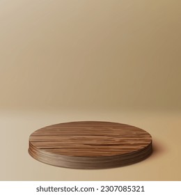 3D Round Wooden Podium Isolated On Beige Background. EPS10 Vector