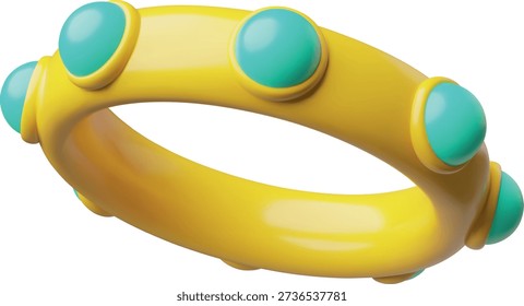3D round yellow bracelet with turquoise gemstones. Hand adornment, accessory, costume jewelry. Gift, luxury, glamor, prize. Vector cartoon illustration. Render. Isolated background. Plastic style.