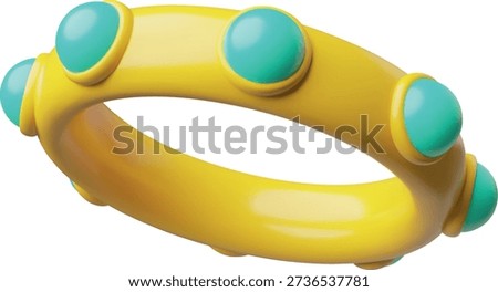 3D round yellow bracelet with turquoise gemstones. Hand adornment, accessory, costume jewelry. Gift, luxury, glamor, prize. Vector cartoon illustration. Render. Isolated background. Plastic style.