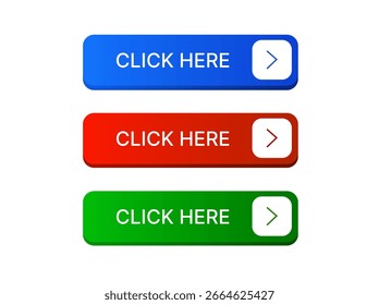 3d rounded call to action, click here button with angle or arrow right icon template, isolated on white background. 3d button template in vector illustration