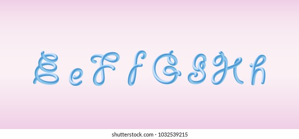 3D Rounded Font.  Glossy blue bubble typeset with letters e, f, g, h. Tube Alphabet. Handwritten lettering. Vector eps 10.