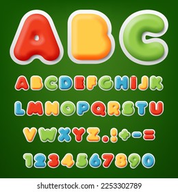 Letra 3D redondeada para niños, lindo estilo bebé, colorido diseño de alfabeto emboscado. Cartas y números en negrita ABC para la escuela de niños, banner de fiesta infantil, cumpleaños, tipografía ilustración vectorial.