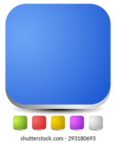 3d rounded squares. Empty icon, button backgrounds. Set of 6 colors: Blue, green, red, yellow, purple and gray button, icon templates with blank space.