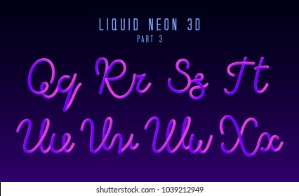 3D Rounded Vector Neon Font with Liquid Glow Effect. Violet Color. Hand-Drawn Lettering. Part 3