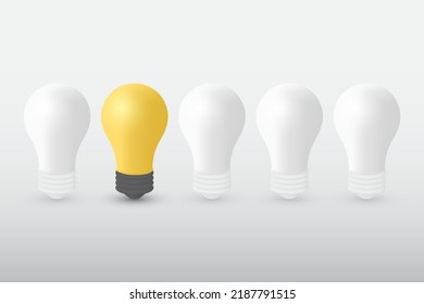 3D Reihe von Glühbirnen. Eine gelbe Glühbirne, die von den anderen auf weißem Hintergrund hervortritt. Leitkonzept. Das Geschäftskonzept und das Individualkonzept. 3D-Vektorgrafik.