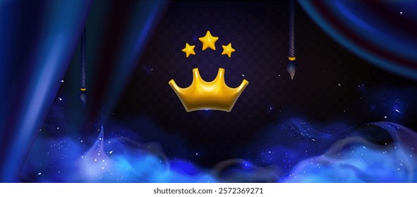 3d Royal Award.  Crown with stars  award with luxurious blue silk draperies with tassel tieback for  interior decoration. Blue Smoke background with twinkle neon particles on the a dark background