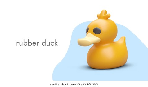 3d rubber duck advertising campaign for store selling toys. Placard with realistic yellow bird and place for text. Vector illustration in blue and yellow colors
