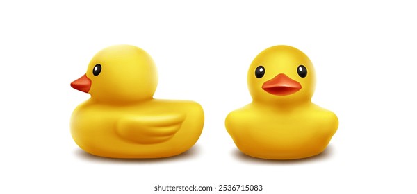 brinquedo de pato de borracha 3d para brincar do bebê no vetor de banho. Elemento de patinho amarelo realista isolado no fundo. Objeto inflável do animal do banheiro com sombra para o jogo do spa. Lado e frente da renderização de pássaro