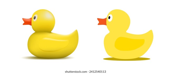 3D Rubber Yellow Bath Duck In 3D And Flat Style. EPS10 Vector