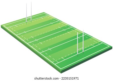 3D rugby field in grass with its white marking and goal posts (cut out)