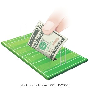 Campo de rugby 3D en césped con sus marcas blancas y sus postes de meta en los que una mano deposita un billete de 20 dólares como un banco de cerdos (cortado)