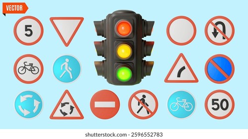 3d Rules Concept Traffic Light and Different Road Signs Cartoon Design Style. Vector illustration of Stoplight