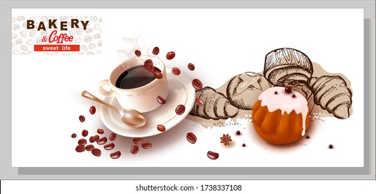 3d Rum Baba.3 d Coffee beans.Cup and saucer.A Cup Of Coffee.Pencil hand drawing.Graphic image of sweet roll, pastry, croissant, cheesecake.Pastry. Croissant.Logo, inscription for the sale of pa