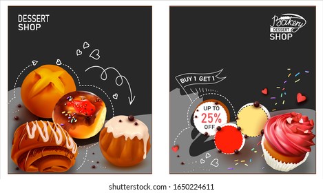 3d Rum Baba.Bundt Cake with Sugar Glaze.Sweet Muffin. Roll with  icing.Pastry. Poppy seed bun.Butter roll.Confectionery.Cupcake.White dotted line.Vector illustration.