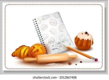 3d Rum Baba.Bundt Cake with Sugar Glaze..Graphic image of sweet roll, pastry, croissant, cheesecake.Logo, inscription for the sale of pastry, pastries.Croissant.Sketch.Wooden Rolling Pin.