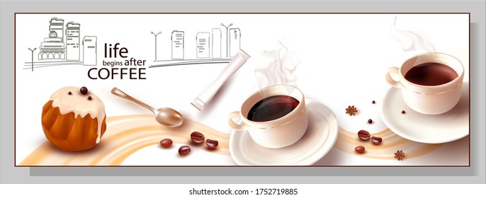 3d Rum Baba.Coffee beans.Cup and saucer.A Cup Of Coffee.Pencil hand drawing.Pastry.Realistic Vector image of isolated roasted Coffee Beans on a White background.