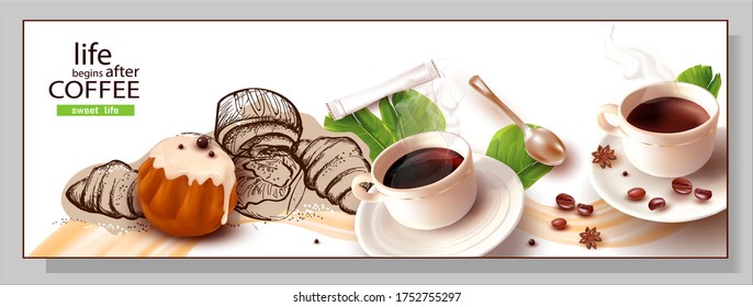 3d Rum Baba.Coffee beans.Cup and saucer.A Cup Of Coffee.Pencil hand drawing.Pastry.Realistic Vector image of isolated roasted Coffee Beans on a White background.