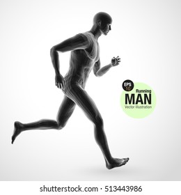 3d running man, black colored . Polygonal vector. Sport illustration