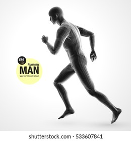 3d running man, black colored . Polygonal vector. Sport illustration