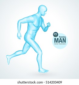 3d running man, blue colored. Polygonal vector. Sport illustration