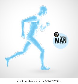 3d running man, blue colored. Polygonal vector. Sport illustration