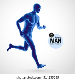 3d running man, dark blue colored. Polygonal vector. Sport illustration