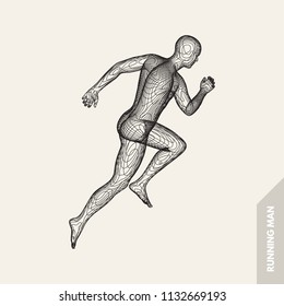 3d running man. Design for sport, business, science and technology. Vector illustration. Human body.