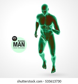 3d running man, green colored . Polygonal vector. Sport illustration