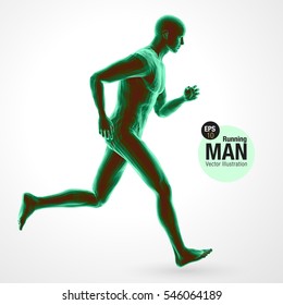 3d running man, green colored . Polygonal vector. Sport illustration