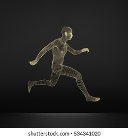 3d Running Man. Human Body Wire Model. Sport Symbol. Low-poly Man in Motion. Vector Geometric Illustration. 