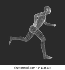3d Homem Corredor. Modelo do fio do corpo humano. Símbolo do Esporte. Homem em Movimento, com baixo nível de pólio. Ilustração geométrica vetorial. 