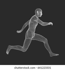 3d Running Man. Human Body Wire Model. Sport Symbol. Low-poly Man in Motion. Vector Geometric Illustration. 