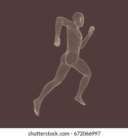 3d Running Man. Human Body Wire Model. Sport Symbol. Low-poly Man in Motion. Vector Geometric Illustration. 