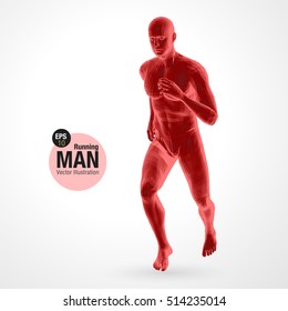 3d running man, red colored. Polygonal vector. Sport illustration