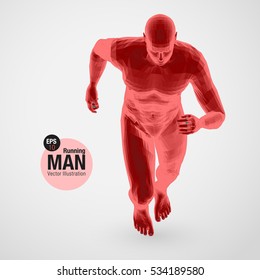 3d running man, red colored. Polygonal vector. Sport illustration